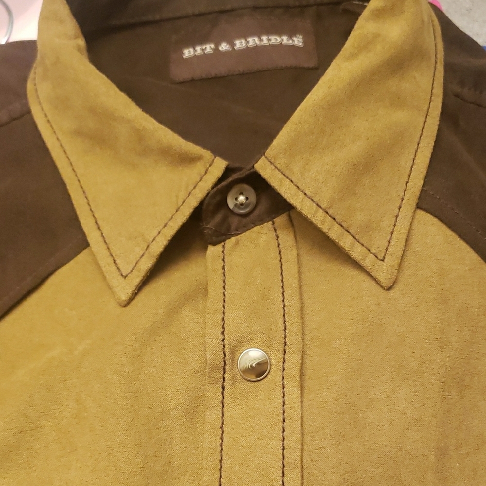 VTG Bit Bridle Shirt Mens XL Long Sleeve Marble Snap Western Brown Faux Suede
